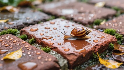 Snail Crawling on Wet Bricks With Raindrops and Autumn Leaves on a Chilly Day in the Garden