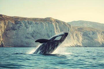 Fototapeta premium An orca whale breaches the water's surface, creating a spectacular display against a dramatic cliff backdrop.