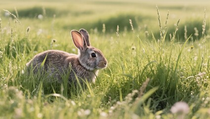 Rabbit Foraging in Lush Green Meadow During Golden Hour of a Sunny Day