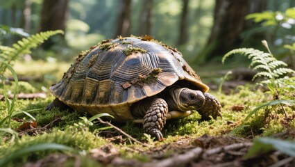 Fototapeta premium Tortoise Exploring a Lush Forest Floor With Ferns and Sunlight Filtering Through Trees