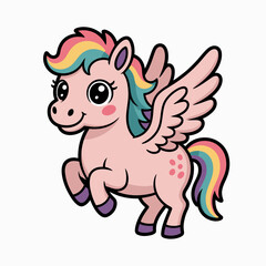 Fototapeta premium Cute cartoon pegasus with rainbow mane and tail on white background