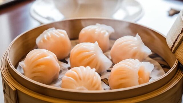 Steamed har gow dumplings fill a bamboo steamer their translucent wrappers showcasing the filling steam rising