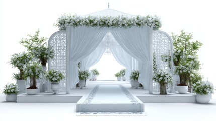 Fototapeta premium Elegant White Wedding Ceremony Setup with Floral Arrangements
