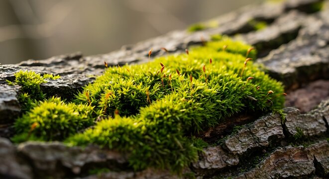 Green moss growing on tree bark. - Powered by Adobe