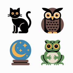 Obraz premium Cute halloween icons featuring a black cat owl frog and crystal ball