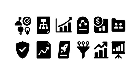 Business, finance solid icon set. graphs, analysis tools solid collection