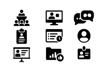 Business, communication silhouette icon set. office, meeting, presentation symbols