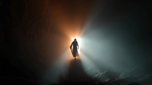 Silhouette figure walks toward light from empty tomb. Cave glows light. Robe flows around figure. Resurrection scene with stone path. Jesus walks again. Light, miracle, tomb, cave, resurrection, robe