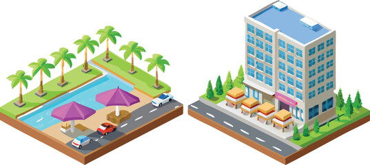 Fototapeta premium Travel and tourism vector illustration of a city showing urban street architecture with a map of residential buildings and cartoon apartment houses