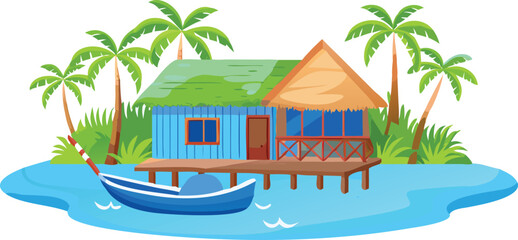 Obraz premium A stunning tropical beach house sits on a tranquil lagoon, offering a perfect island getaway
