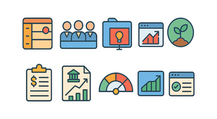 Business and finance outline icon set. analytics, productivity, and strategy symbols