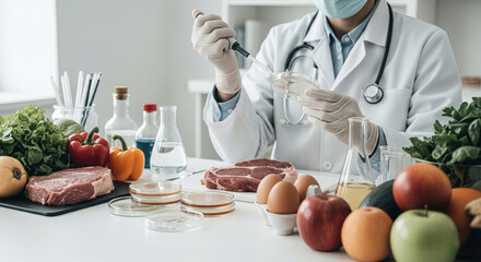 Food Science Researcher Analyzing Meat, Vegetables, and Fruits in Controlled Laboratory Environment — biotechnology presentations, food safety regulations, public health campaigns, corporate marketing