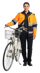 Smiling female caucasian adult in safety jacket holding bicycle on transparent background