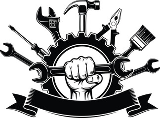 Black and white illustration of a hand holding wrenches, surrounded by tools, and a banner.