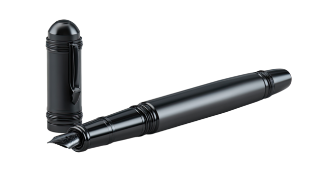 High-end black fountain pen, closed and open cap, angled view