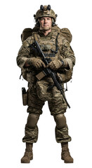 Obraz premium Male caucasian adult soldier in full camouflage gear holding rifle
