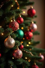 Fototapeta premium Colorful Christmas tree ornaments hanging on green pine branches, sparkling with lights and tinsel. The background is softly blurred with warm holiday glow