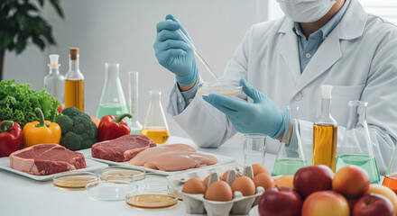 Food Science Researcher Analyzing Meat, Vegetables, and Fruits in Controlled Laboratory Environment — biotechnology presentations, food safety regulations, public health campaigns, corporate marketing