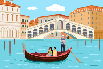 	
Venice architecture with gondola on water. Young couple sailing along the Grand Canal on a gondola.