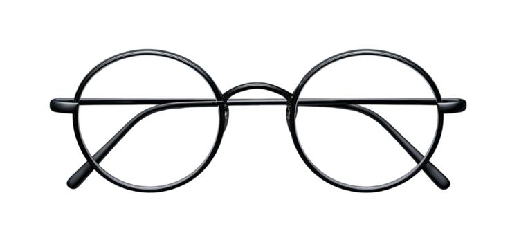 Black round eyeglasses,  front view.  Sleek, minimalist style