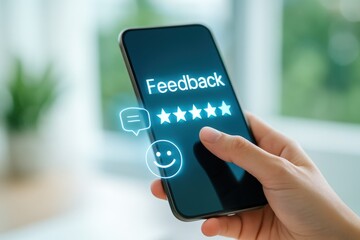 User feedback collection digital device mobile app interface indoor environment close-up view enhancing customer experience
