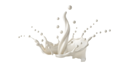 A dynamic splash of white liquid, likely milk or cream, captured midair with droplets and waves, isolated on a transparent background