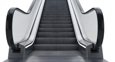 Modern escalator isolated on transparent background, a closeup view of the steps and handrails