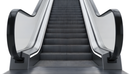 Modern escalator isolated on transparent background, a closeup view of the steps and handrails