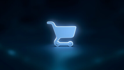 Minimal glowing shopping cart icon in futuristic neon style, digital e-commerce symbol.