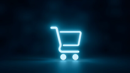 Minimal glowing shopping cart icon in futuristic neon style, digital e-commerce symbol.