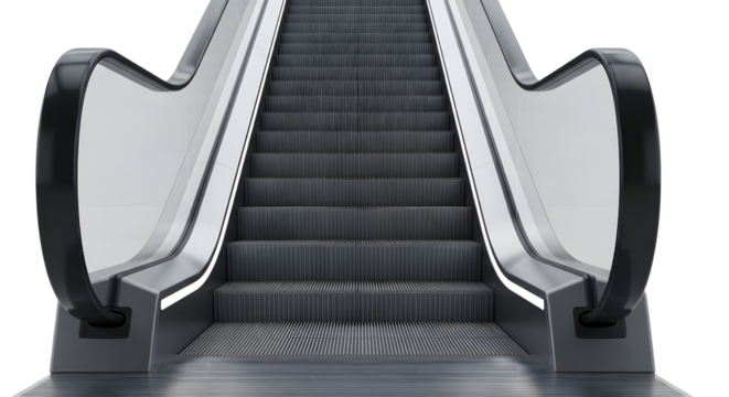 Modern escalator isolated on transparent background, a closeup view of the steps and handrails