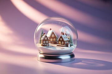 Miniature winter village inside a snow globe on a soft purple background