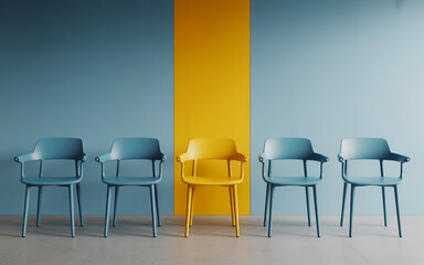 Obraz premium A Yellow Chair Stands Out in a Row, Symbolizing a Job Vacancy, Hiring, Recruitment, and Individuality