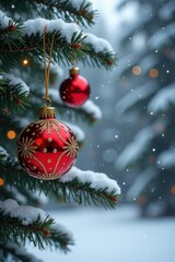 Red and gold Christmas ornaments hanging on a snowy pine tree, with soft snow falling around. The background is a winter forest with twinkling stars in the sky