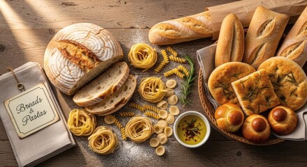 Assortment of freshly baked breads and pasta on a rustic wooden table.
