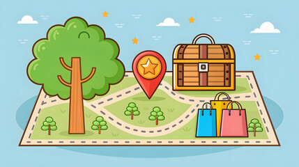 Cartoon map with treasure chest shopping bags and tree