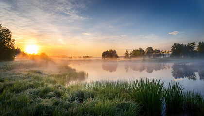 Mist Drifts Over Tranquil Lake At Sunrise Creating Magical Atmosphere In The Countryside