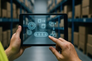 A person is using a digital tablet to view a supply chain process in a warehouse setting