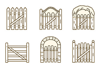 Gates linear icon set. featuring picket, rope, ivy, wooden, arch, and decorative gate designs.