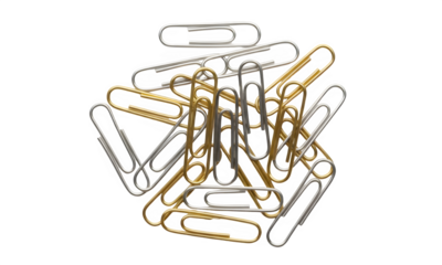 A pile of gold and silver paperclips isolated on transparent background