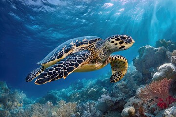Fototapeta premium Underwater sea turtle in coral reef