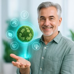 A man presenting a sustainable future with earth and eco icons. The man smiles and focuses on an eco-friendly earth surrounded by icons of leaves, recycling, and carbon dioxide. 