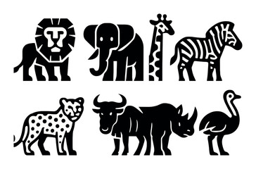 Wild animals silhouette icon set. featuring lion, elephant, giraffe, zebra, cheetah, rhino, ostrich.