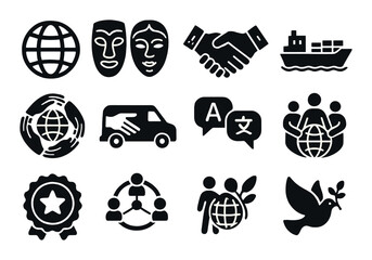 Global communication silhouette icon set. featuring globe, masks, handshake, ship, van, languages, and dove symbols.
