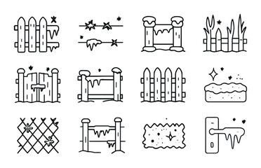 Obraz premium Winter fence flat icons set. featuring picket, barbed wire, wooden, garden, lattice, and gate symbols.