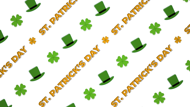 St. Patrick's Day seamless pattern with green leprechaun hats and lucky four-leaf clovers. Festive Irish holiday design asset. Cartoon illustration on a transparent background for design.