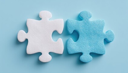 Obraz premium Two puzzle pieces, white and light-blue, joined
