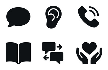 Communication and care silhouette icon set. featuring chat, ear, phone, book, conversation, and heart symbols.