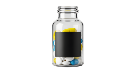 Clear glass medicine bottle filled with colorful pills and capsules, isolated on transparent background