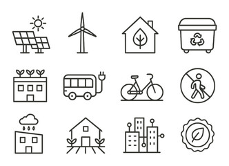 Eco-friendly transportation and energy linear icon set. featuring solar panels, wind turbine, recycling, eco bus, and bicycle symbols.